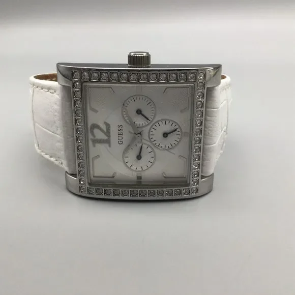 Guess Watch Women Silver Tone 37mm Square Pave White Leather Band New Battery - Picture 5 of 13